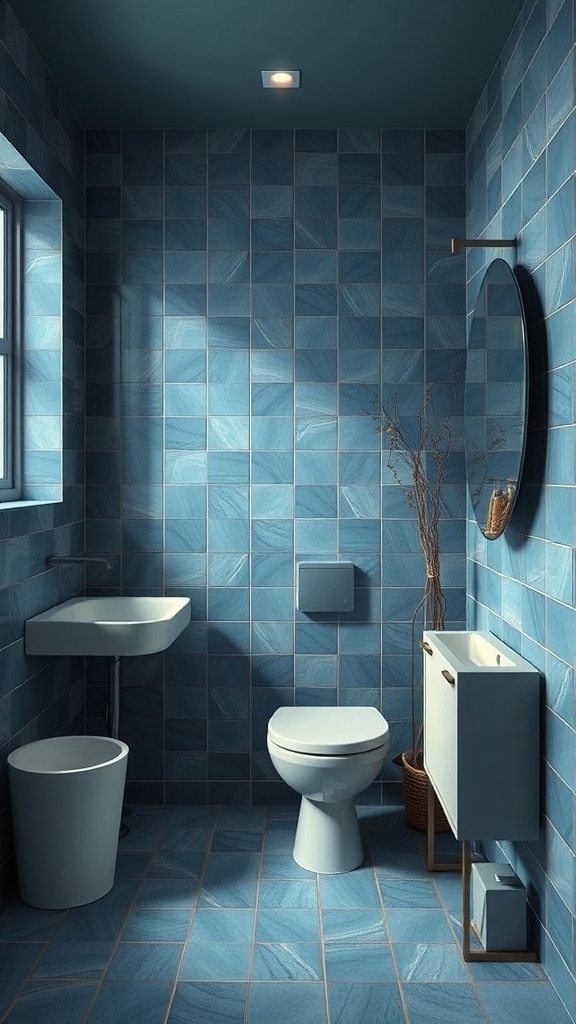 A blue bathroom with eco-friendly tiles, a modern sink, and sustainable fixtures.