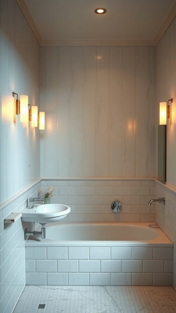 A cozy cream bathroom with soft lighting from wall sconces and a warm atmosphere.