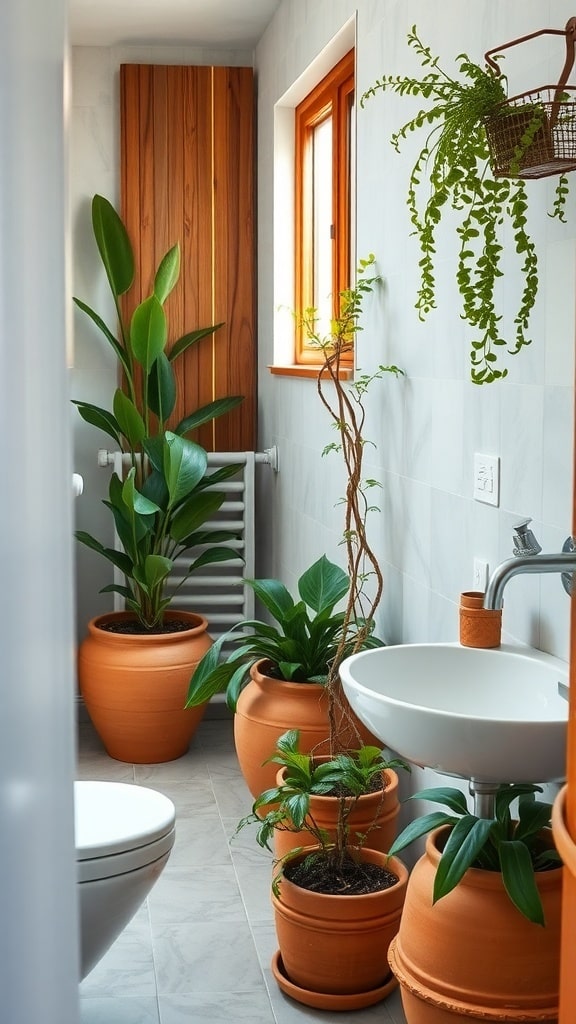 A bathroom with terracotta pots and green plants, featuring wooden accents.
