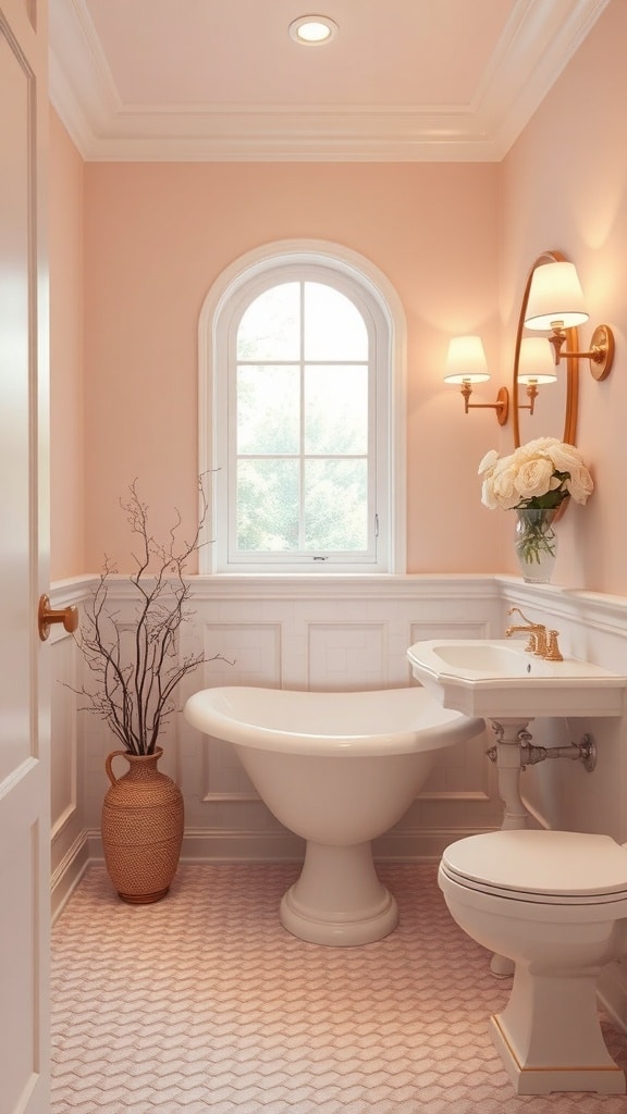 Aesthetic blush pink bathroom featuring white fixtures and natural light.