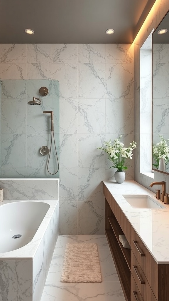 A stylish bathroom featuring marble walls and a bathtub, complemented by greige accents and modern lighting.