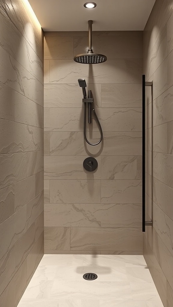 Textured greige shower walls with modern fixtures