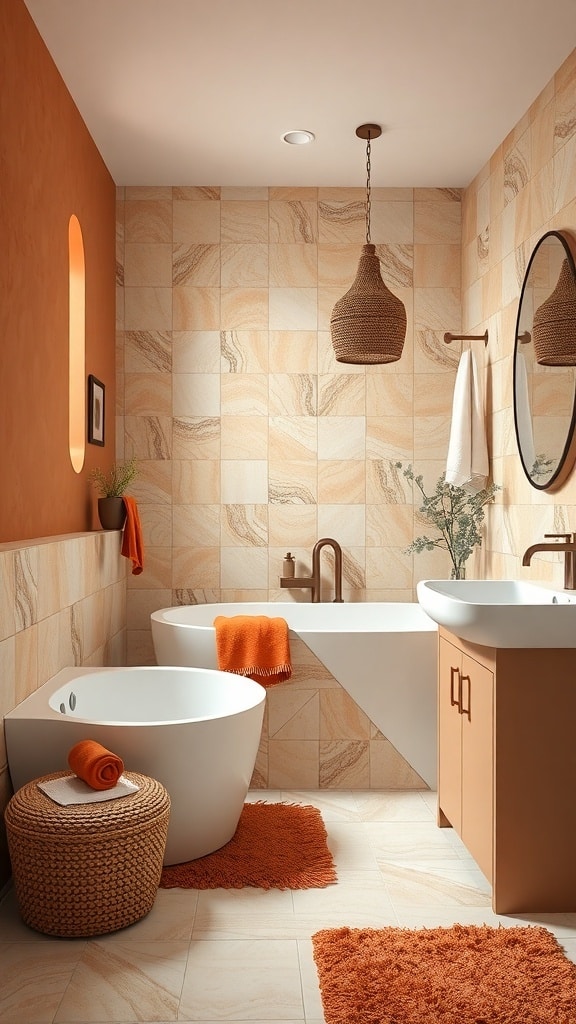 A warm terracotta bathroom featuring textured walls, a white bathtub, and soft textiles.