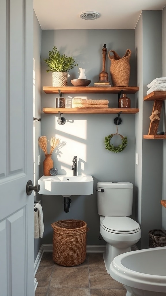 A rustic bathroom with dusty blue walls, wooden shelves, and natural decor.