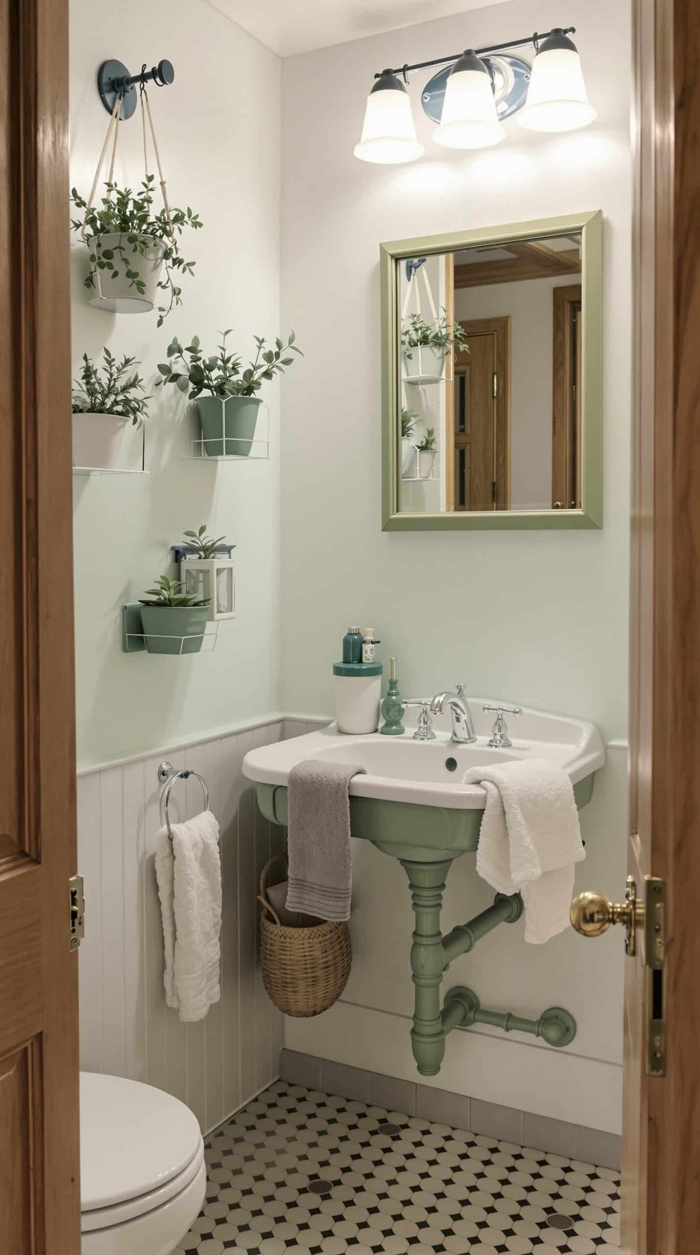 A cozy bathroom featuring vintage green fixtures, including a sink, faucet, and decorative items.