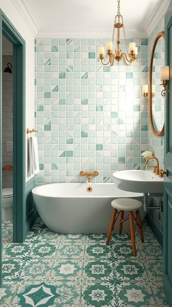 An eclectic emerald green bathroom featuring a mix of glossy subway tiles and patterned floor tiles.