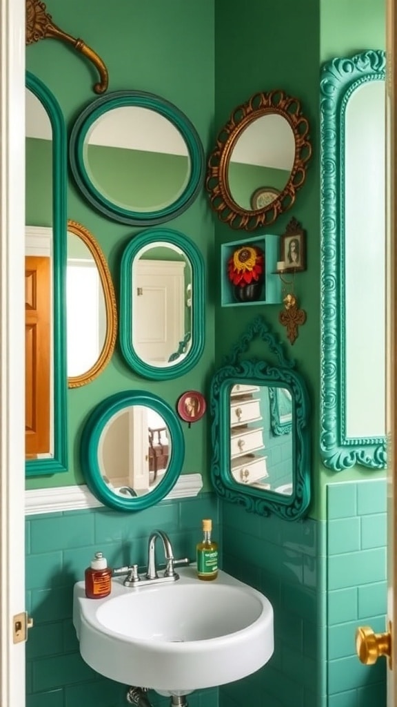A bathroom with eclectic mirrors featuring green frames and various shapes.