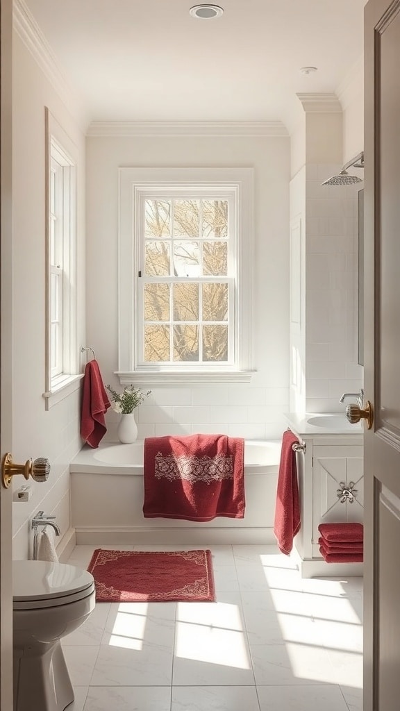 A bright bathroom featuring burgundy towels and mats, with natural light coming through a window.