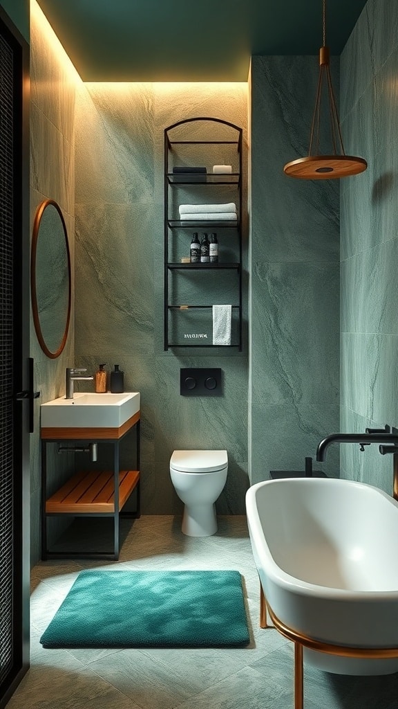 A modern emerald green bathroom featuring textured walls, a sleek sink, a cozy bath mat, and an elegant bathtub.