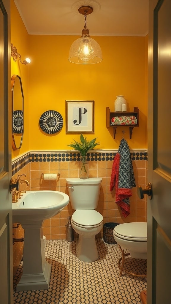 A mustard yellow bathroom featuring patterned tiles, a round mirror, and eclectic decor.