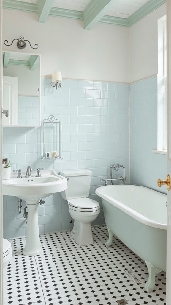 A vintage mint bathroom featuring mint green tiles, a freestanding bathtub, and classic fixtures.