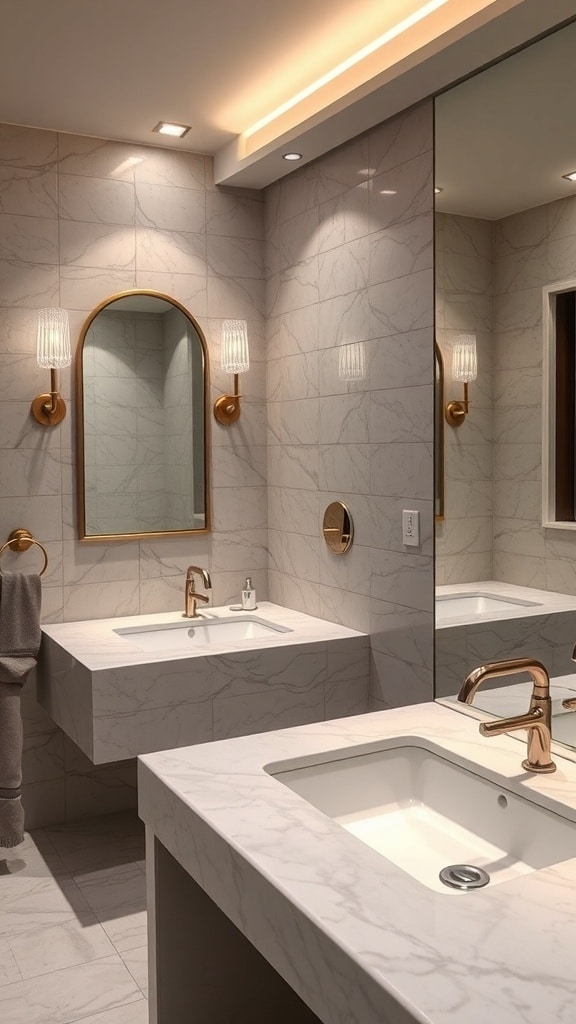 A modern bathroom featuring gray marble walls and countertops with gold fixtures and a large mirror.