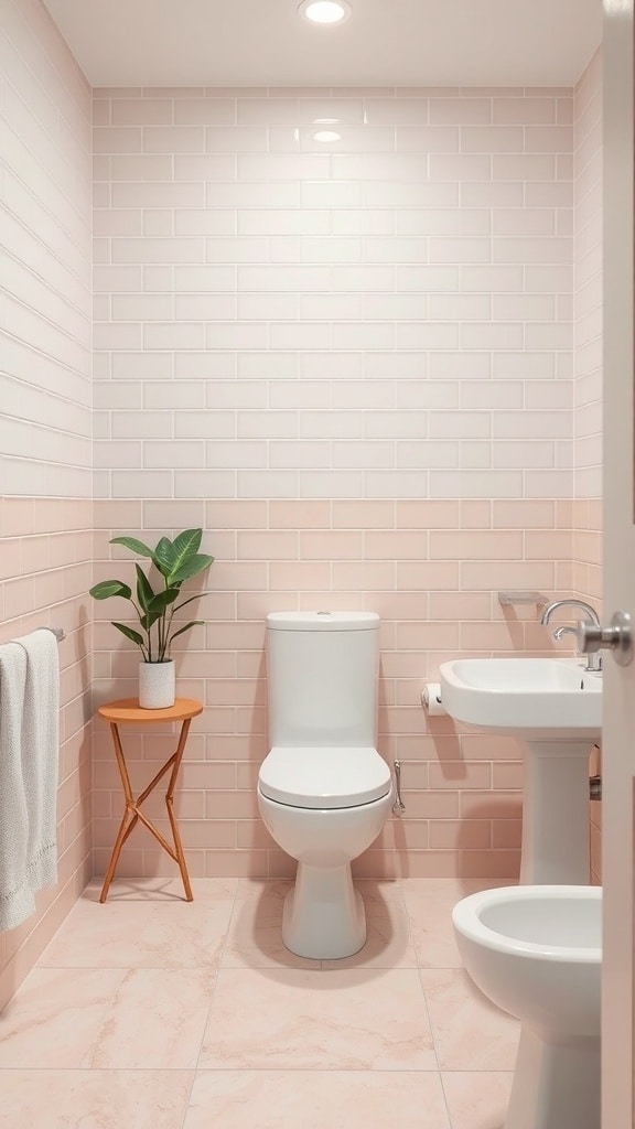 A bathroom featuring soft blush pink tile accents, white fixtures, and a potted plant.