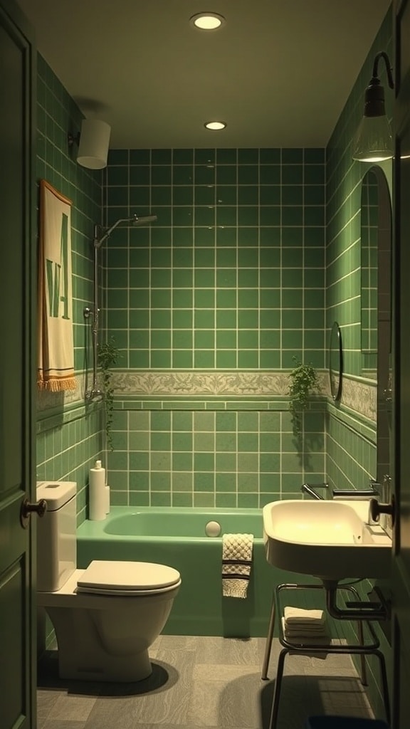 A cozy green bathroom with soft lighting and green tiles.