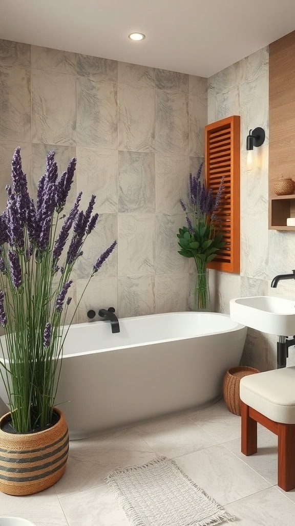 A minimalist bathroom featuring lavender plants, a white bathtub, and wooden accents.