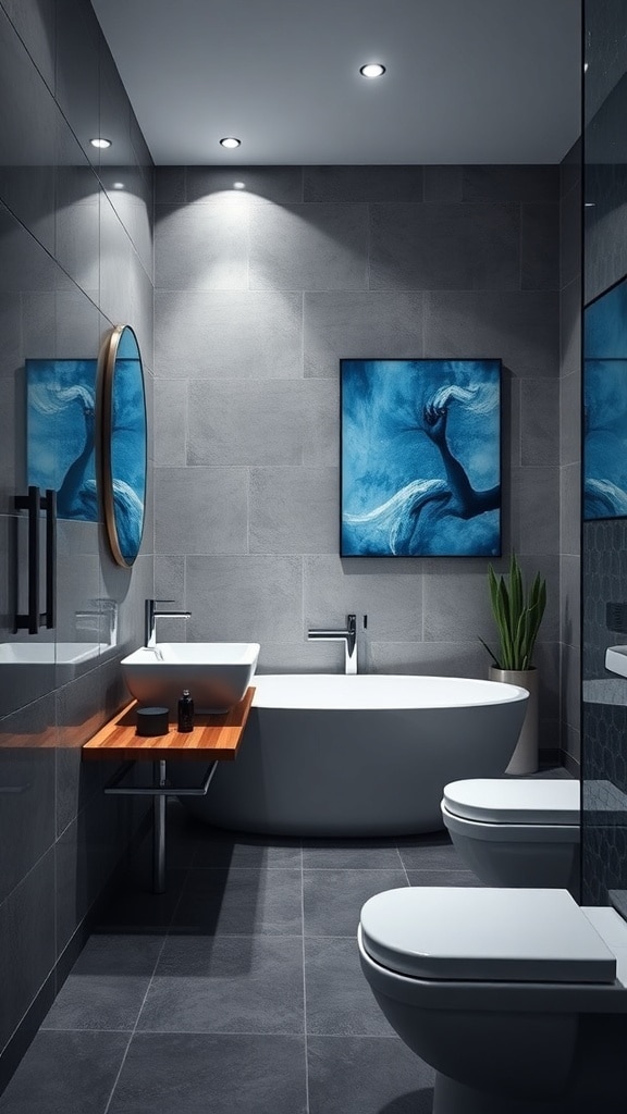 A modern bathroom featuring a blue artwork on the wall, a sleek bathtub, and stylish fixtures.