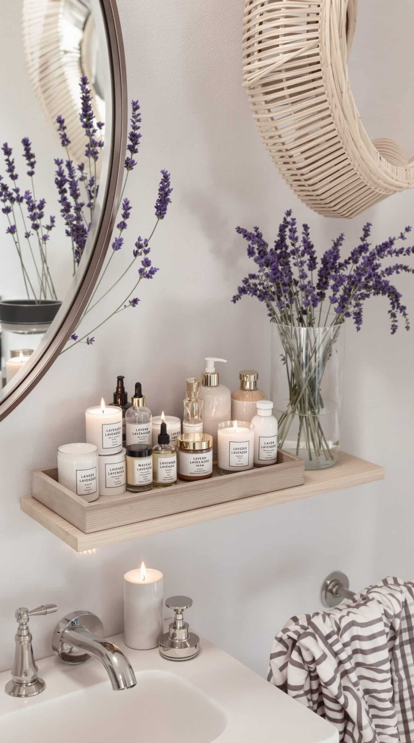 A minimalist bathroom featuring lavender flowers, candles, and skincare products on the countertop.