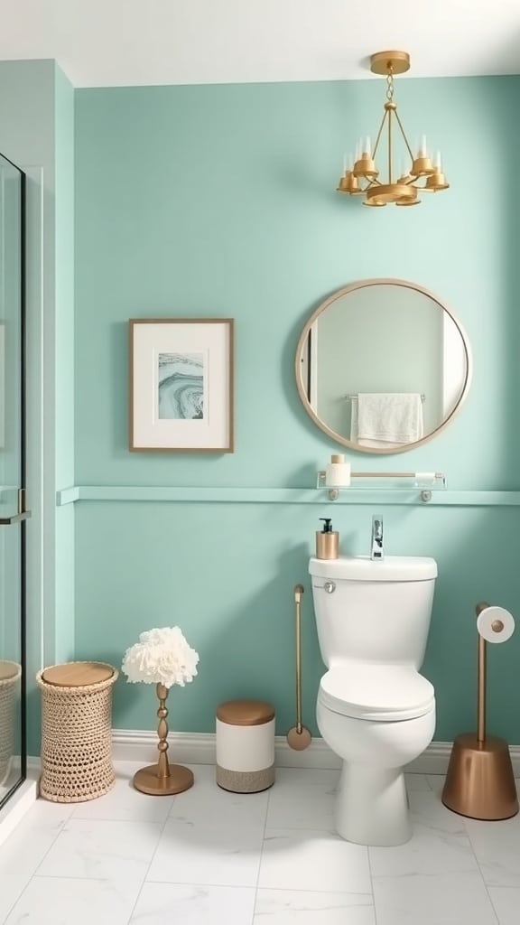 A bathroom featuring mint green accent walls with black fixtures and mirrors.