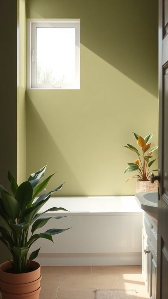 A bright bathroom with olive green walls, a window allowing natural light, and potted plants.