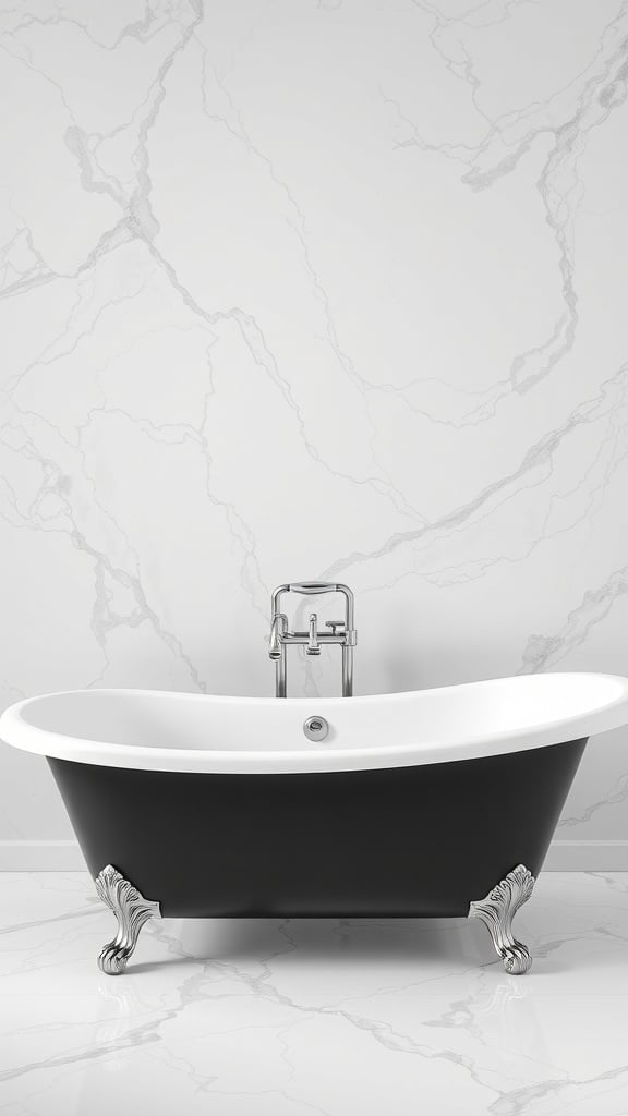 A stylish black and white freestanding bathtub with clawfoot design against a marble wall.
