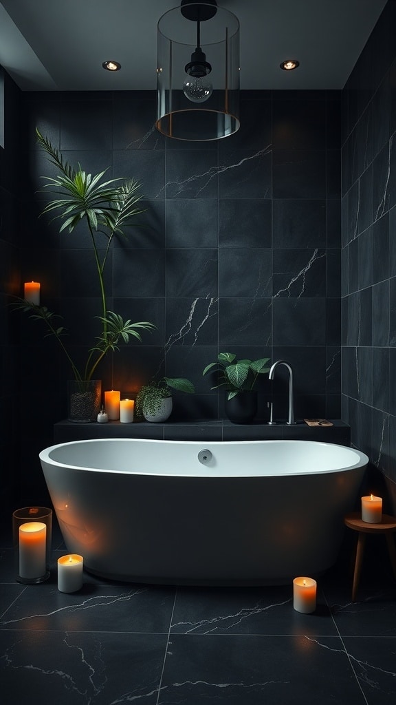 A stylish dark bathroom featuring a white freestanding bathtub surrounded by candles and plants.