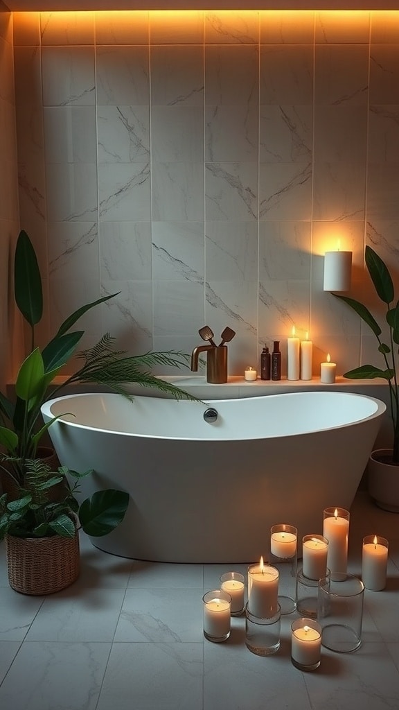 A cozy cream bathroom featuring a freestanding bathtub surrounded by candles and plants.