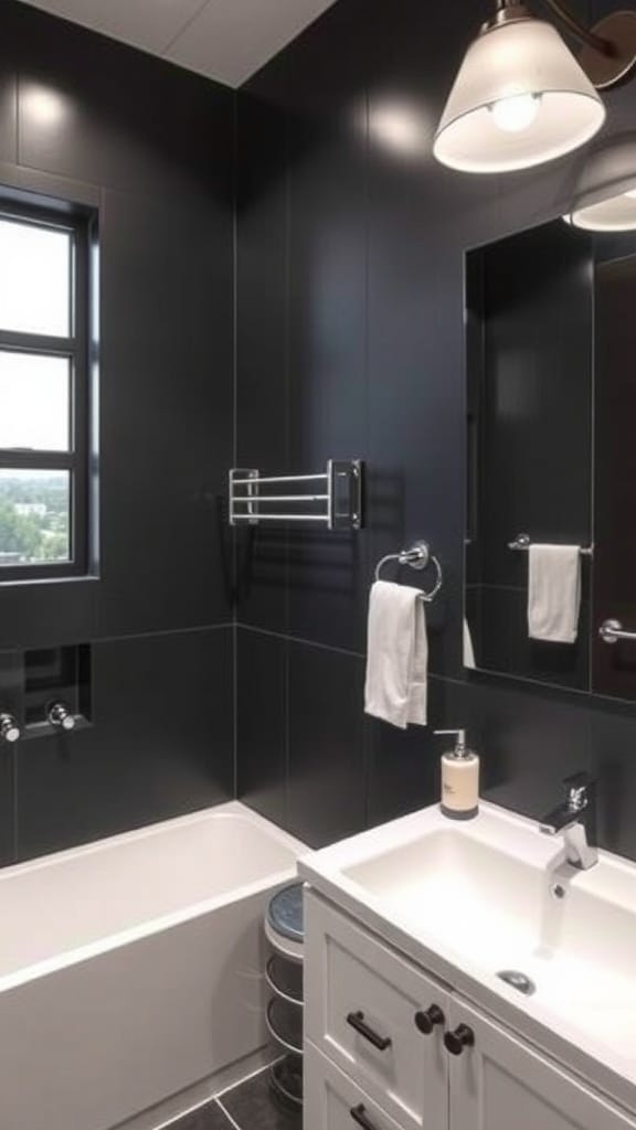 A modern bathroom with dark gray walls, white fixtures, and stylish lighting.