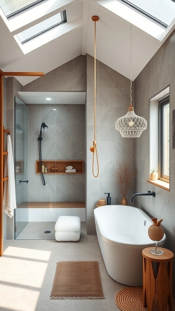A modern bathroom featuring earthy tones, a round mirror, and natural decor elements.