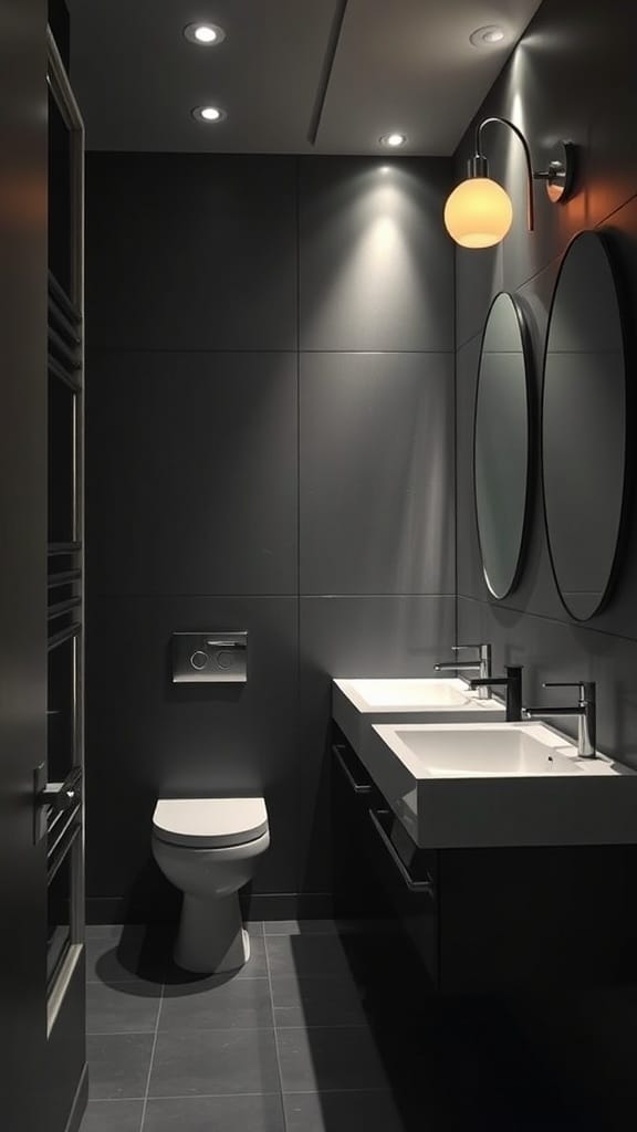 A modern charcoal gray bathroom featuring sophisticated lighting solutions.