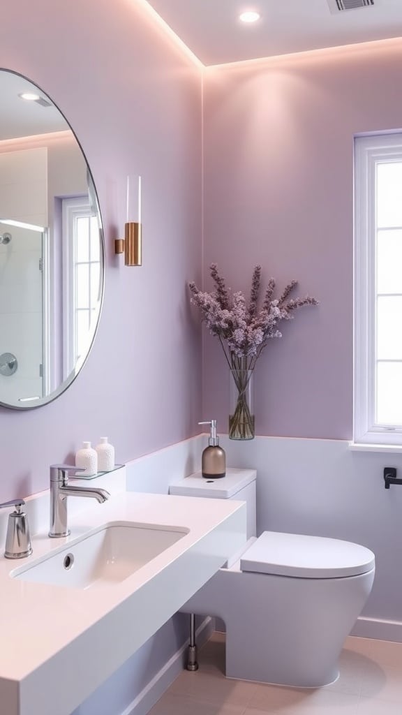 A minimalist lavender bathroom featuring a sleek white sink and chrome fixtures.