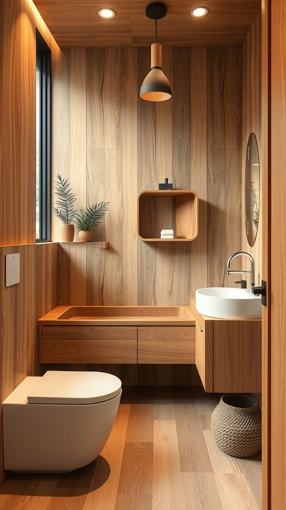Modern bathroom featuring natural wood elements and a mustard yellow ceiling.