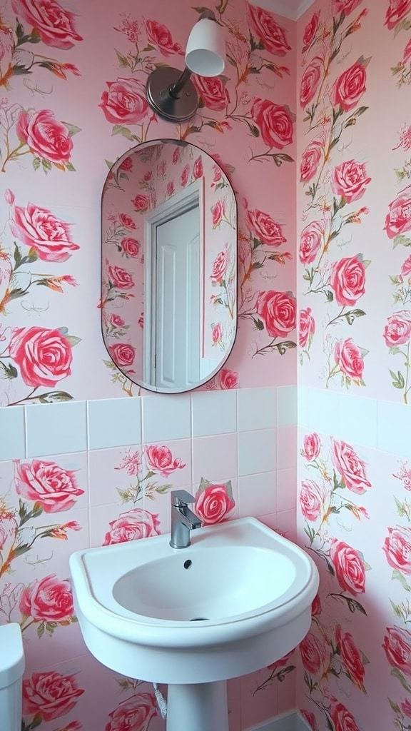 A bathroom with floral pink wallpaper featuring roses, a round mirror, and a white sink.