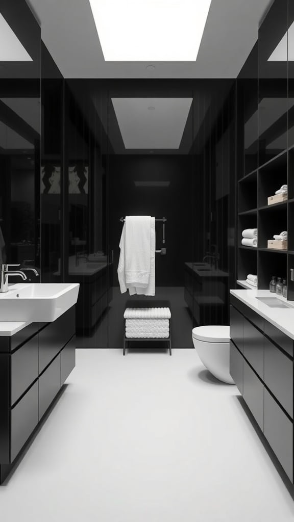 Minimalist black and white bathroom with sleek storage solutions