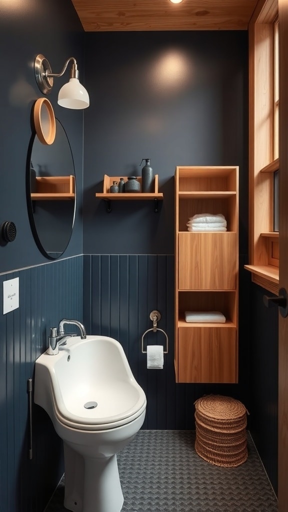 A stylish bathroom featuring deep indigo walls, natural wood shelves, and a round mirror.