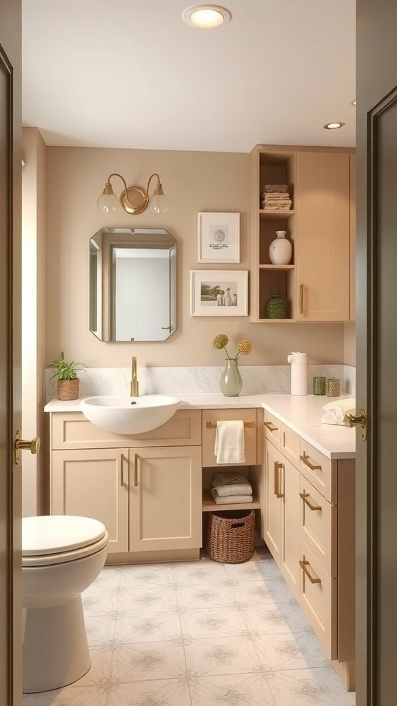 Mid-century beige bathroom with open shelves and cabinets for storage