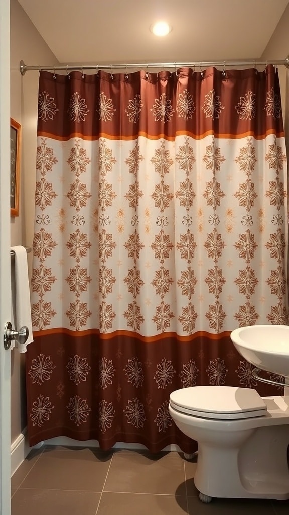 Chocolate brown shower curtain with neutral patterns in a bathroom setting