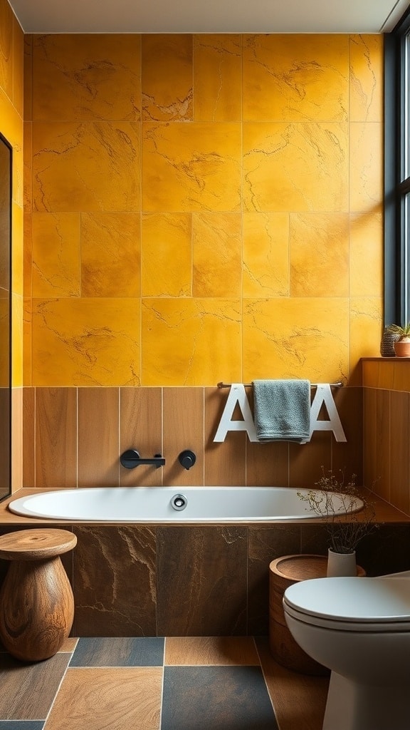A modern bathroom with ochre yellow walls, wooden elements, and a sleek tub.