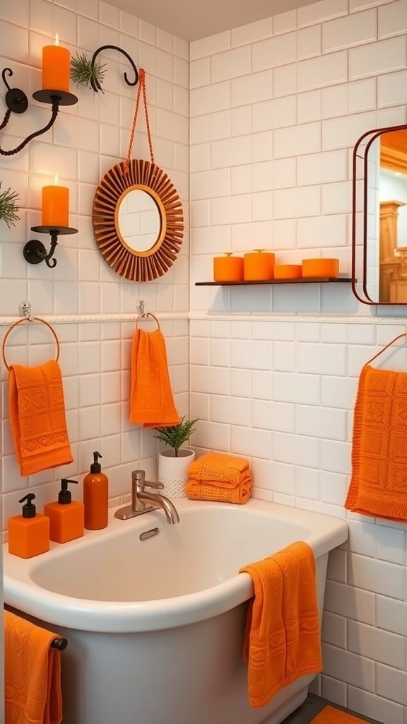 A stylish bathroom featuring orange accessories including towels, candles, and decor against white tiles.
