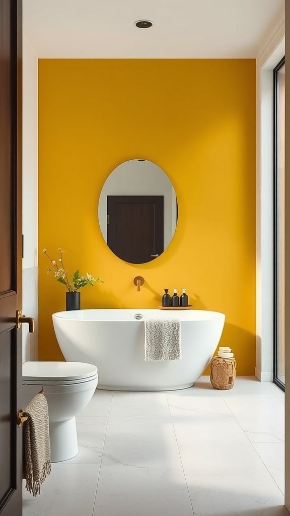 A minimalist bathroom featuring a bold ochre yellow wall, a white bathtub, and a round mirror.