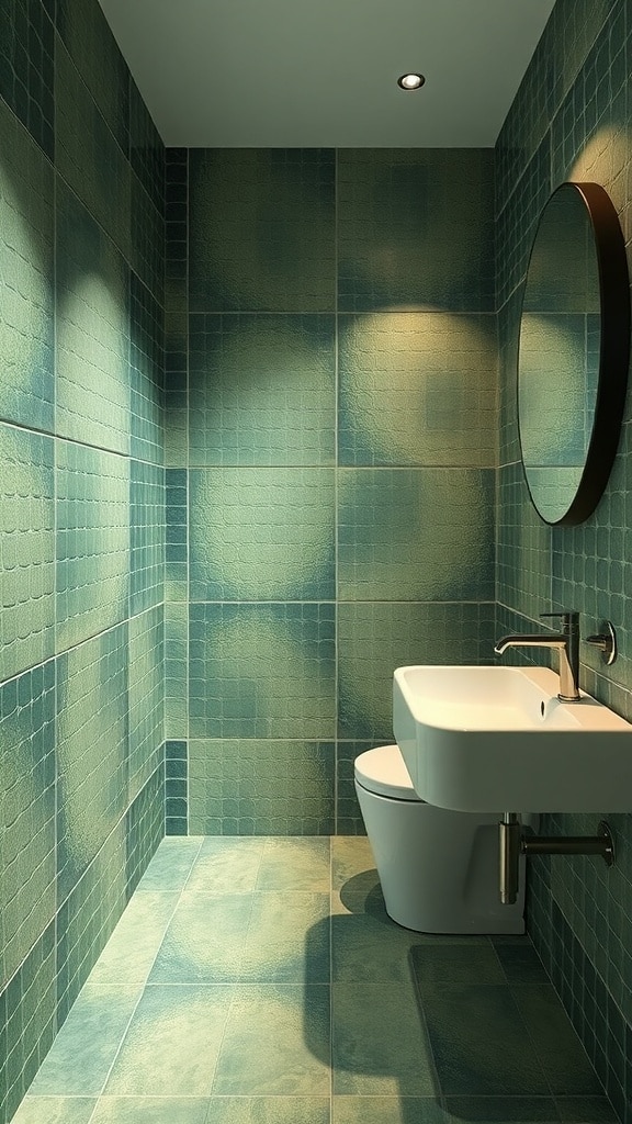 A cozy bathroom featuring textured green tiles on the walls and floor, with a white sink.