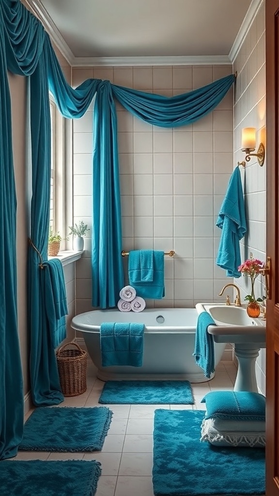 A serene bathroom featuring peacock blue textured fabrics and accessories.