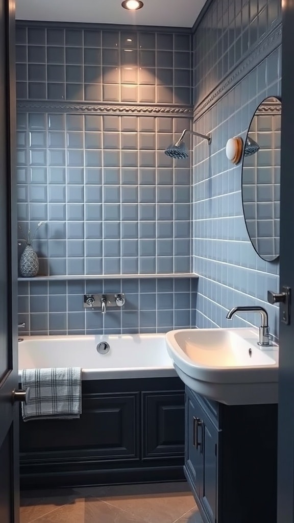 A small slate blue bathroom featuring a modern sink, bathtub, and stylish fixtures.