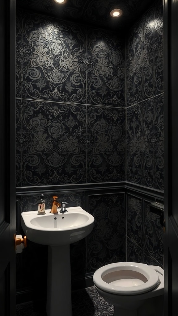 A dark bathroom featuring intricate patterned wallpaper, a white sink, and a toilet.