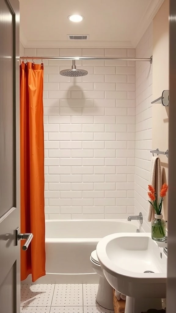 A small bathroom featuring a rust orange shower curtain, white tiled walls, and a bathtub.