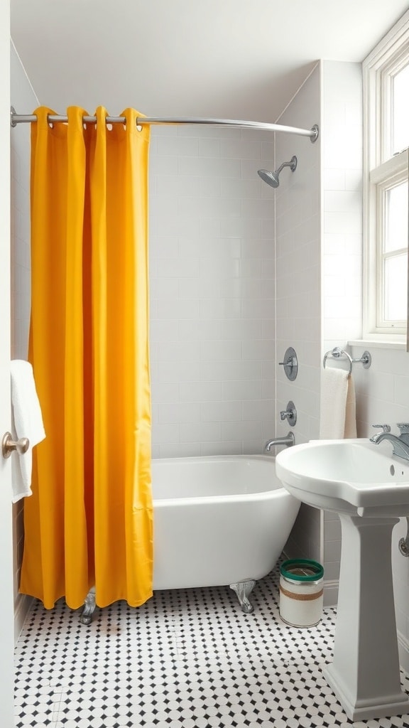 A bathroom featuring a bright mustard yellow shower curtain, white tiles, and a vintage bathtub.