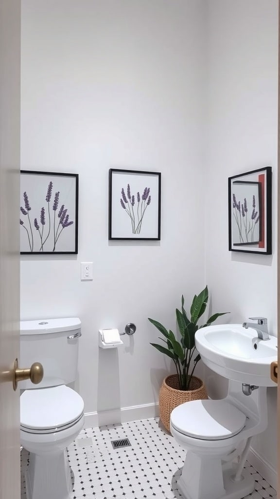 Minimalist lavender bathroom with framed lavender prints on the wall and a potted plant.
