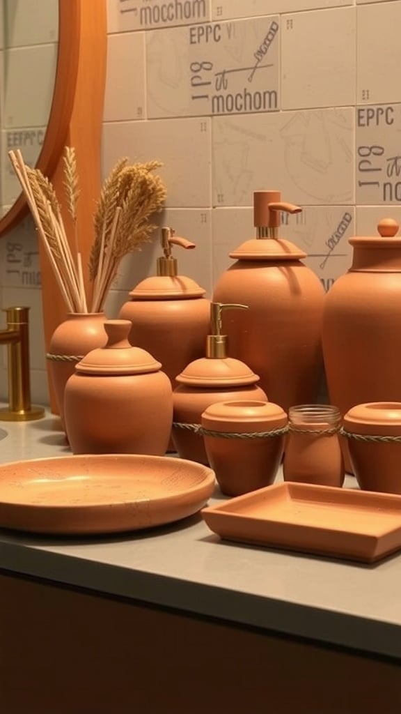 A collection of terracotta bathroom accessories including jars, trays, and a soap dispenser.