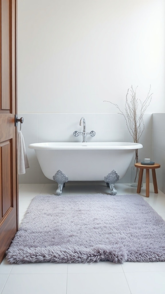 A cozy lavender rug in a minimalist bathroom with a classic bathtub.