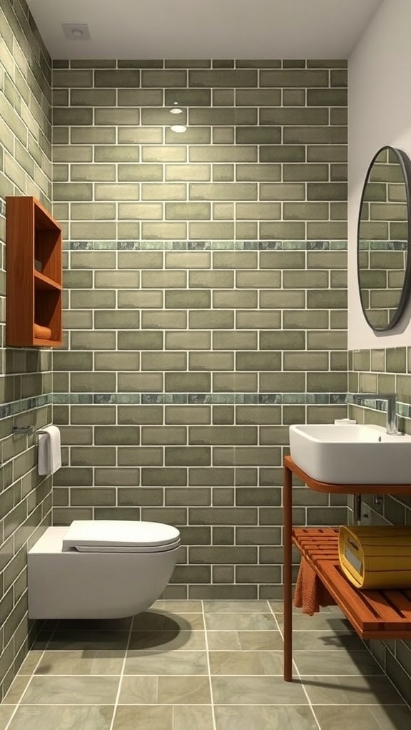 A bathroom featuring olive green tiles, a wooden shelf, and modern fixtures.