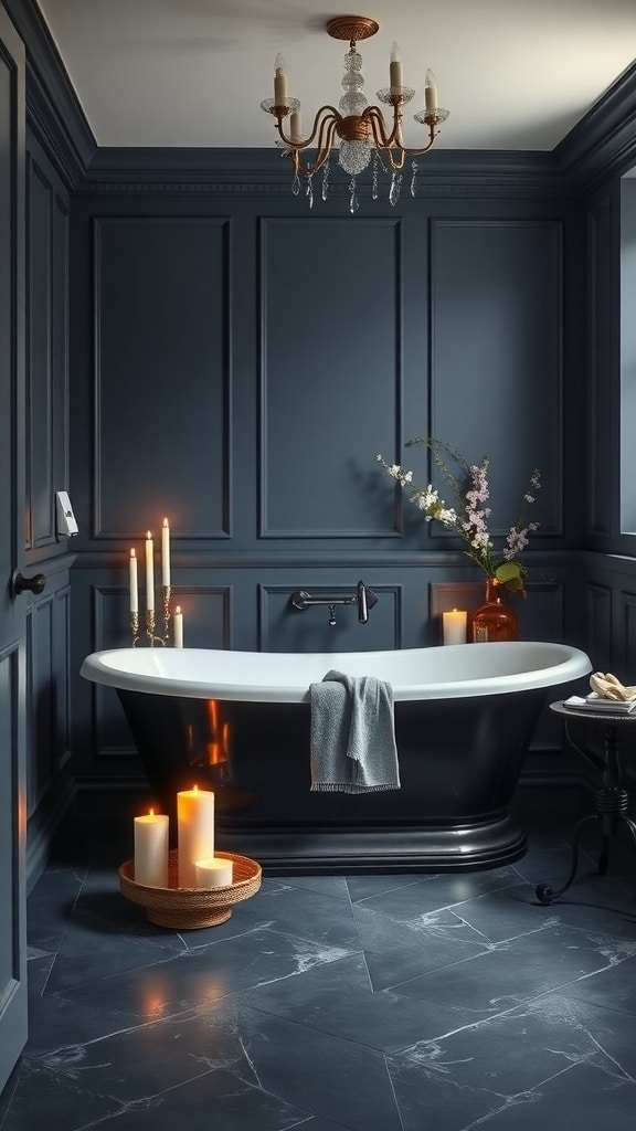 A luxurious navy blue accented bathtub with candles and elegant decor in a stylish bathroom.